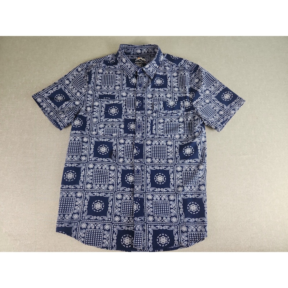 Mountain & Isles Men's Medium Blue Bandana Paisley Button Down Shirt Stretch EUC